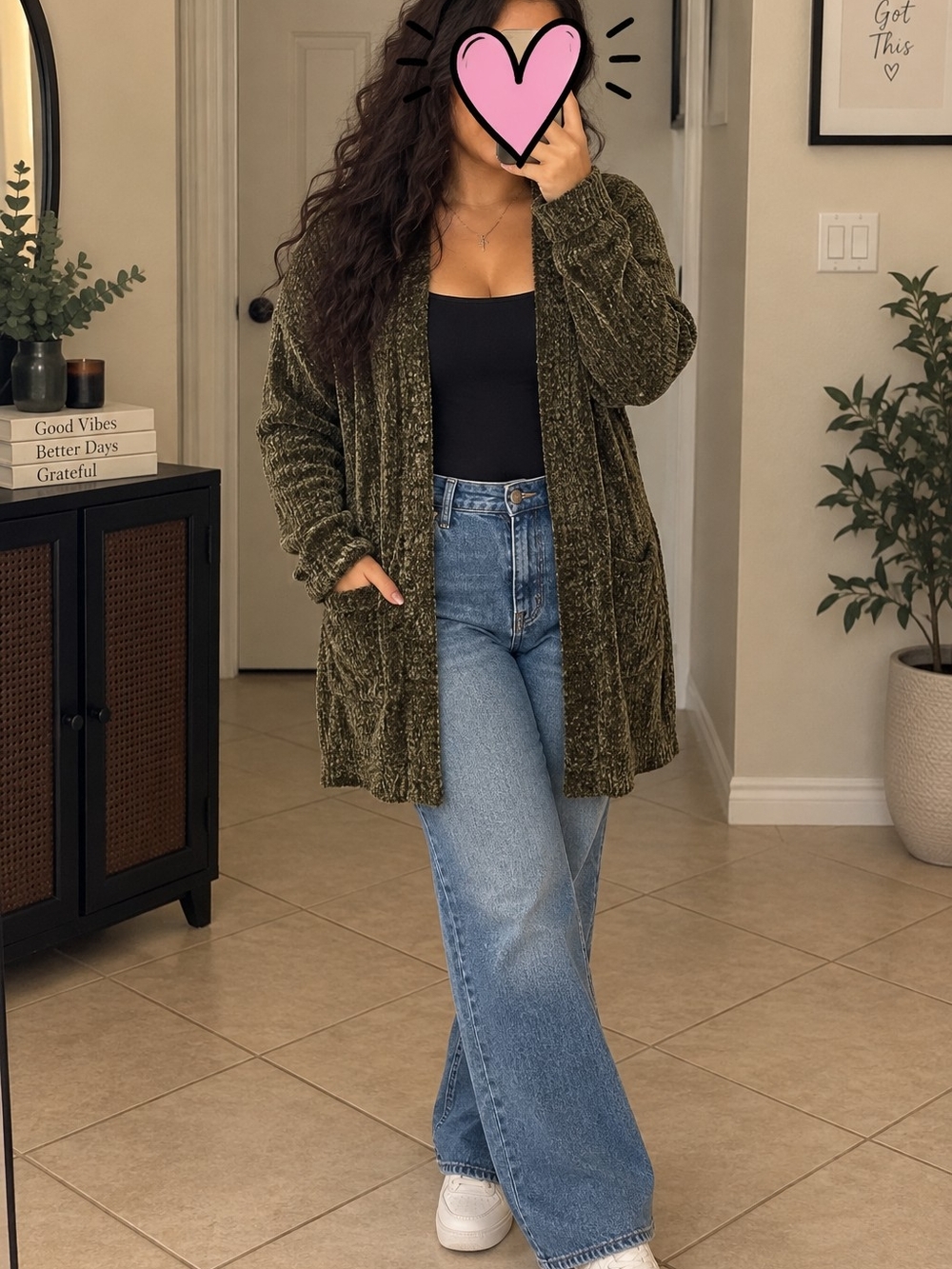 Free Kisses Olive Chenille Open Cardigan with Pockets